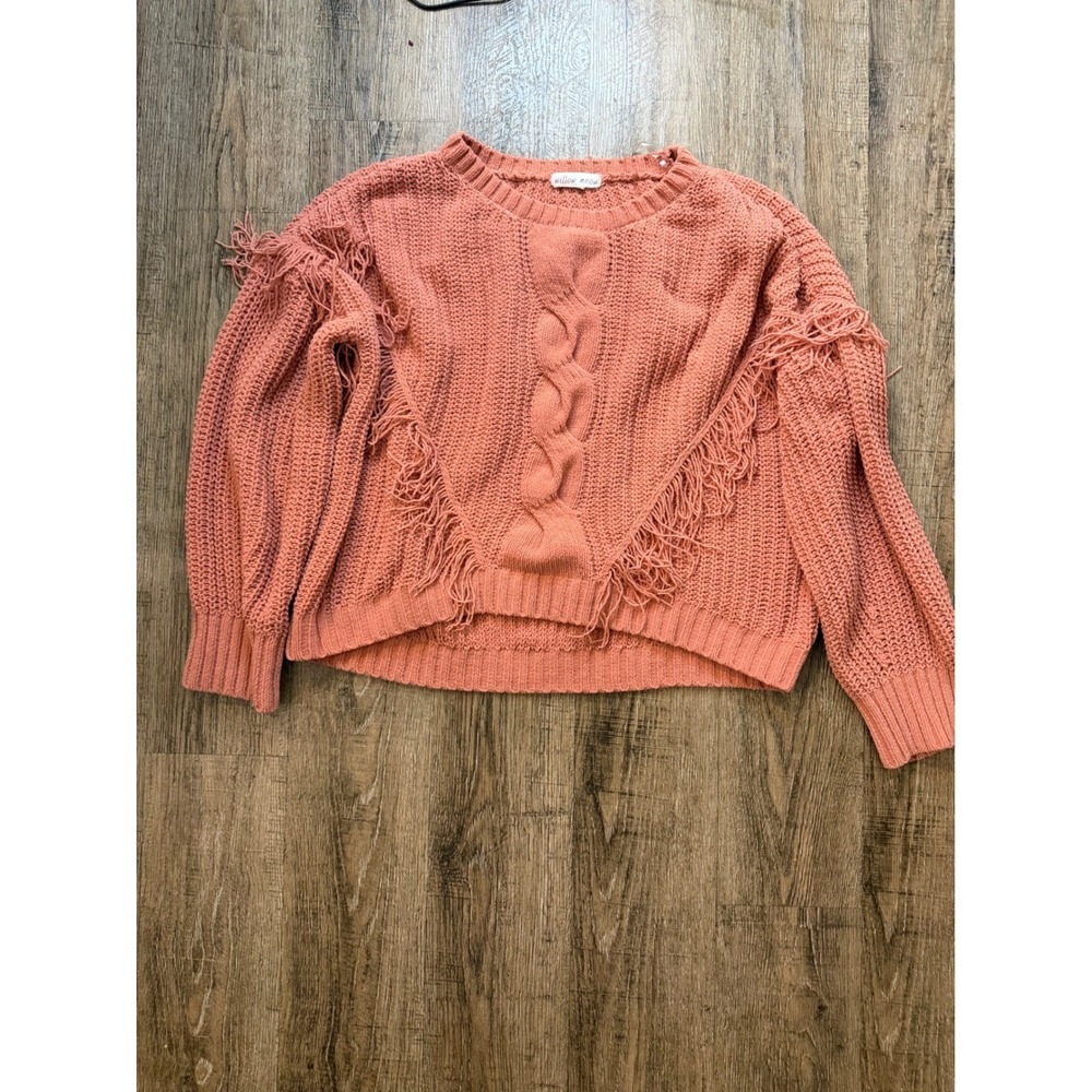 Willow Moon XXL Chenille Cable Knit Fringe Sweater Terracotta Pink Boho Pullover - Picture 2 of 9